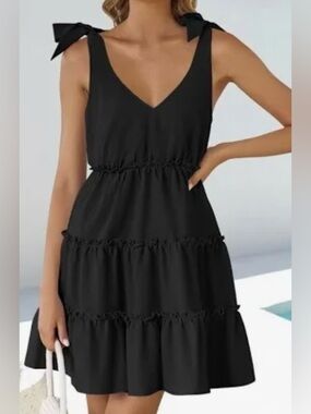 ZESICA Women’s Black Baby Doll Swing Dress Tie Shoulder NWT Size L